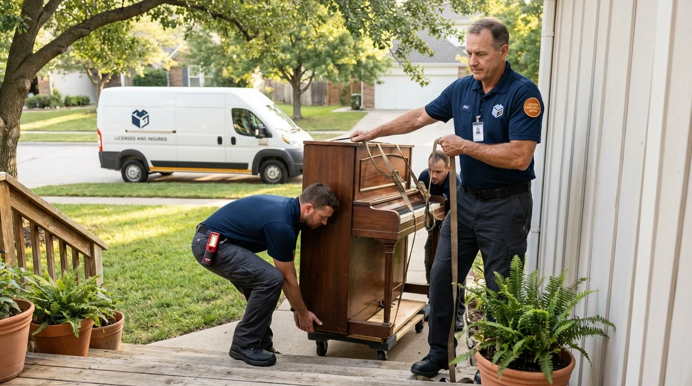 Licensed piano movers securing grand piano in Morris, MN