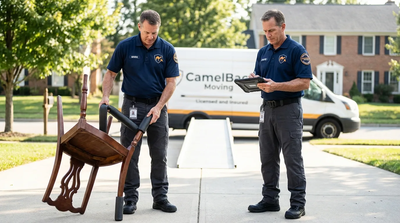 Movers inspecting furniture for damage prevention before loading in Morris, MN